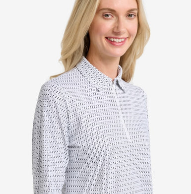 Woman wearing a patterned shirt with Golf Flags on a white background, 